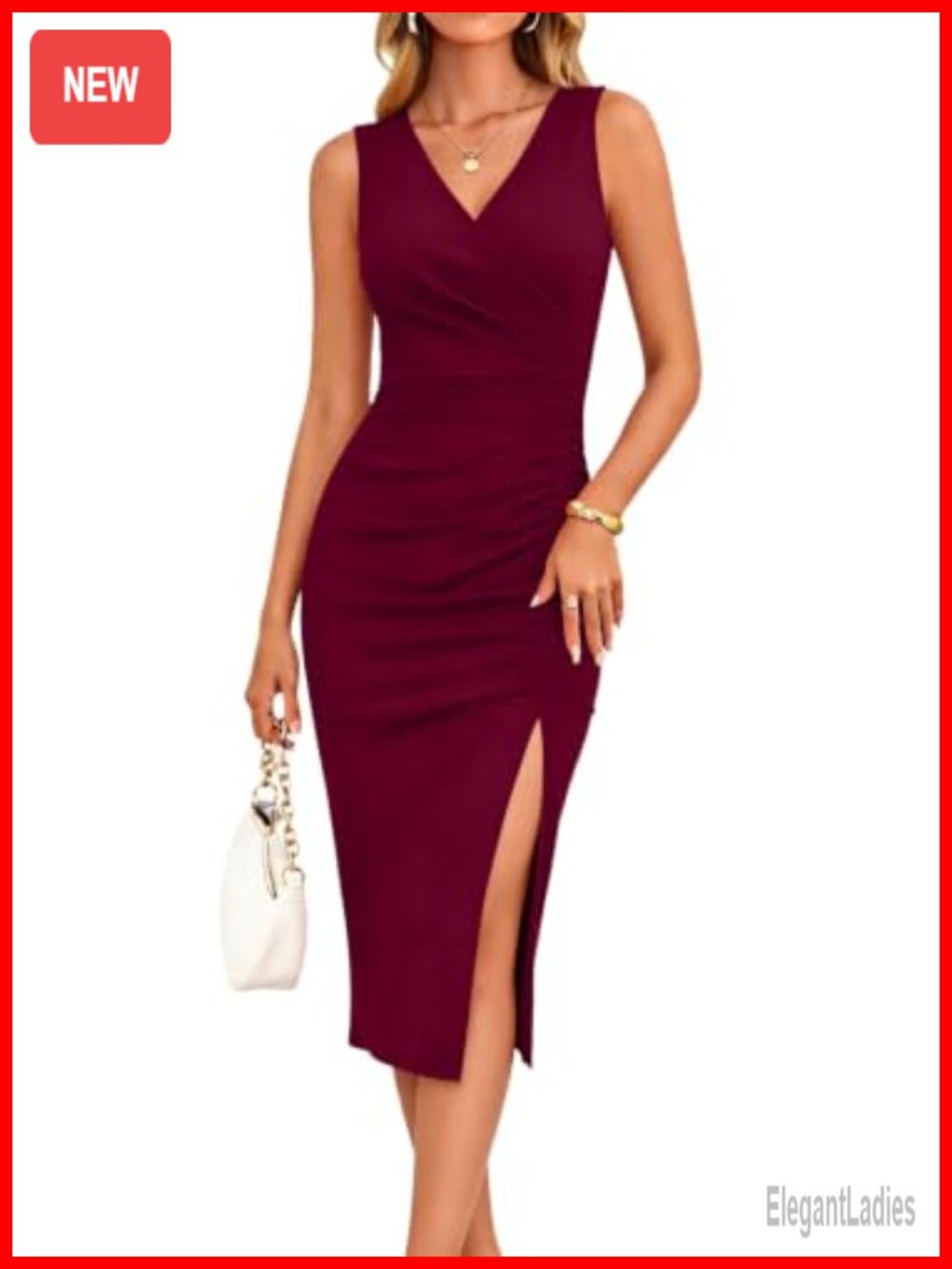 Sexy V Neck Sleeveless Side Slit Ruched Bodycon Midi Dress
